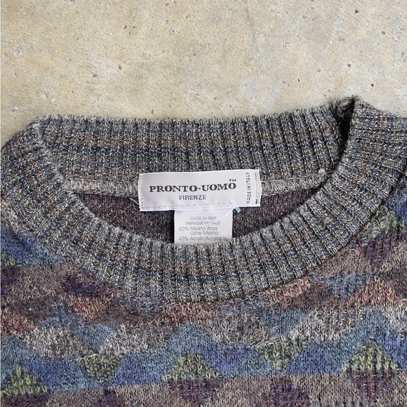 VIntage Pronto Uomo Firenze V-Neck Sweater Mens Size L/52 Italian Knit Geometric - Picture 2 of 4